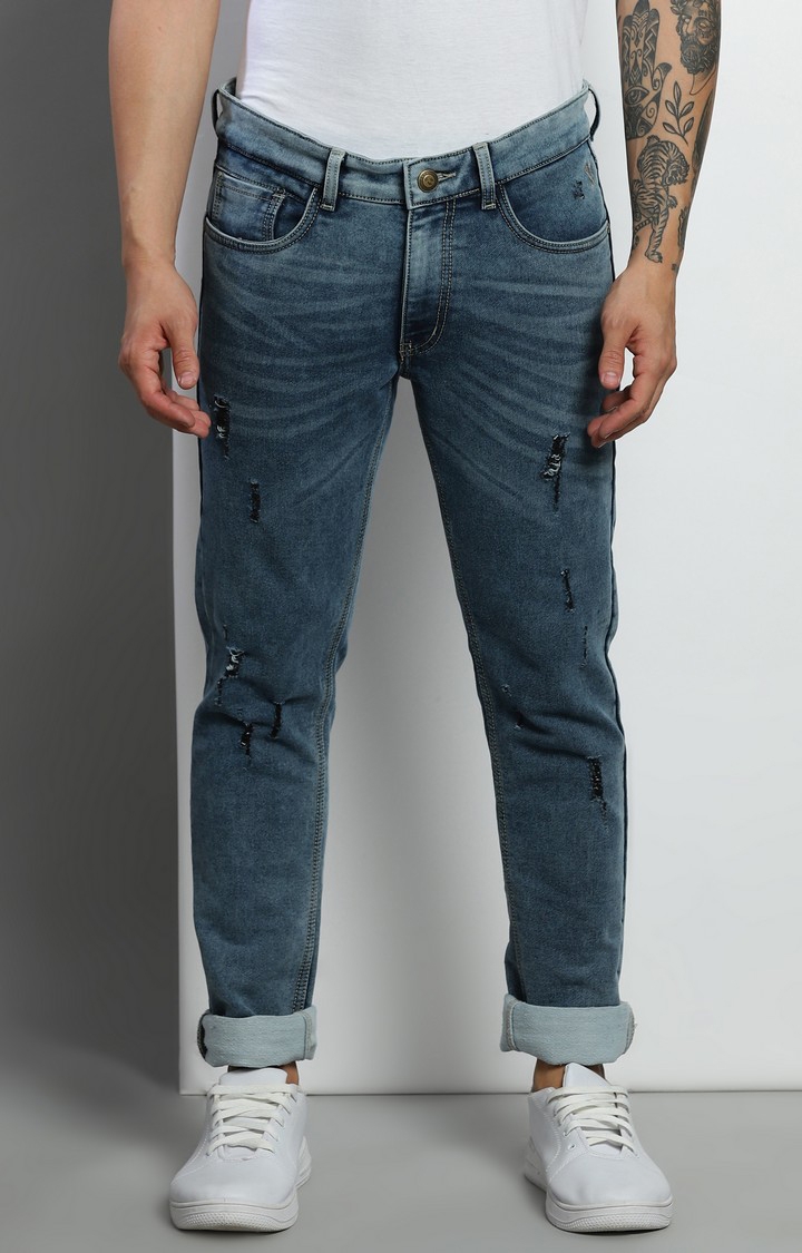 Men's Navy Blue Cotton Ripped Jeans