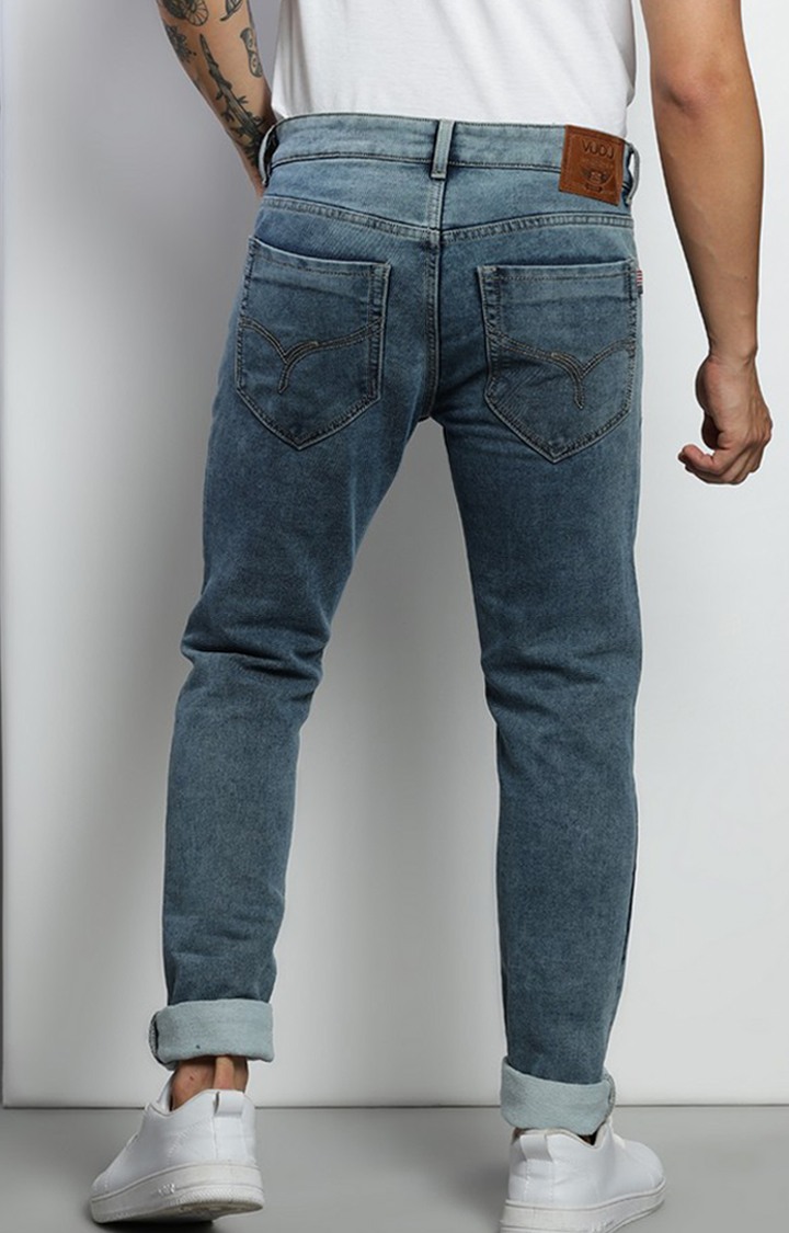 Men's Navy Blue Cotton Ripped Jeans