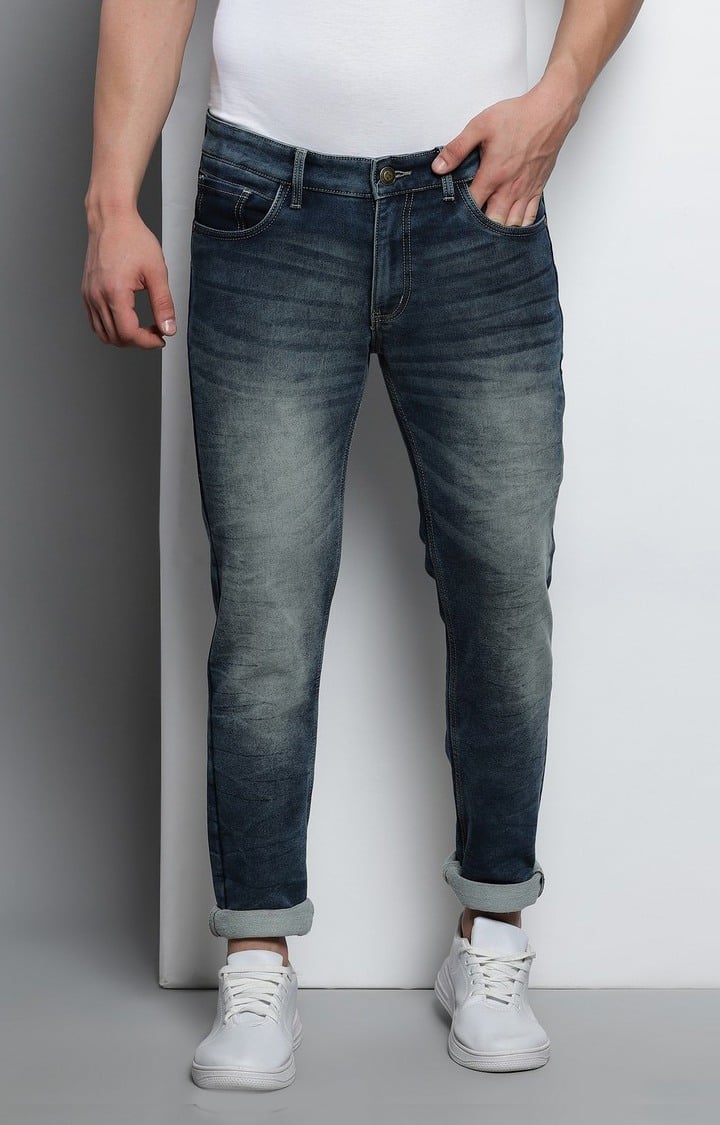 Men's Navy Blue Cotton Slim Jeans