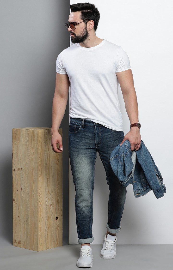 Men's Navy Blue Cotton Slim Jeans