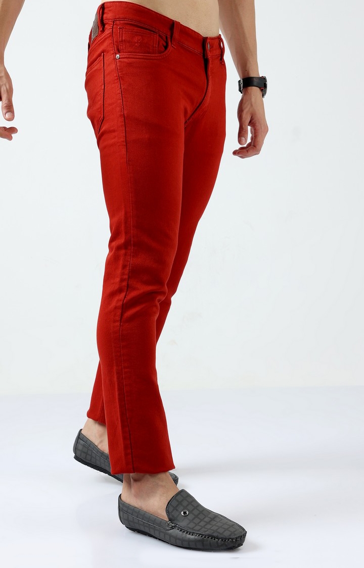 Men's Red Cotton Slim Jeans