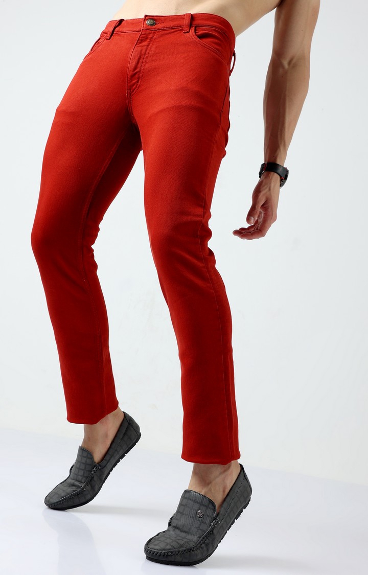 Men's Red Cotton Slim Jeans