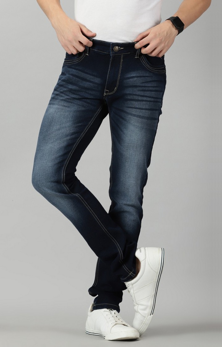 Men's Navy Blue Cotton Slim Jeans