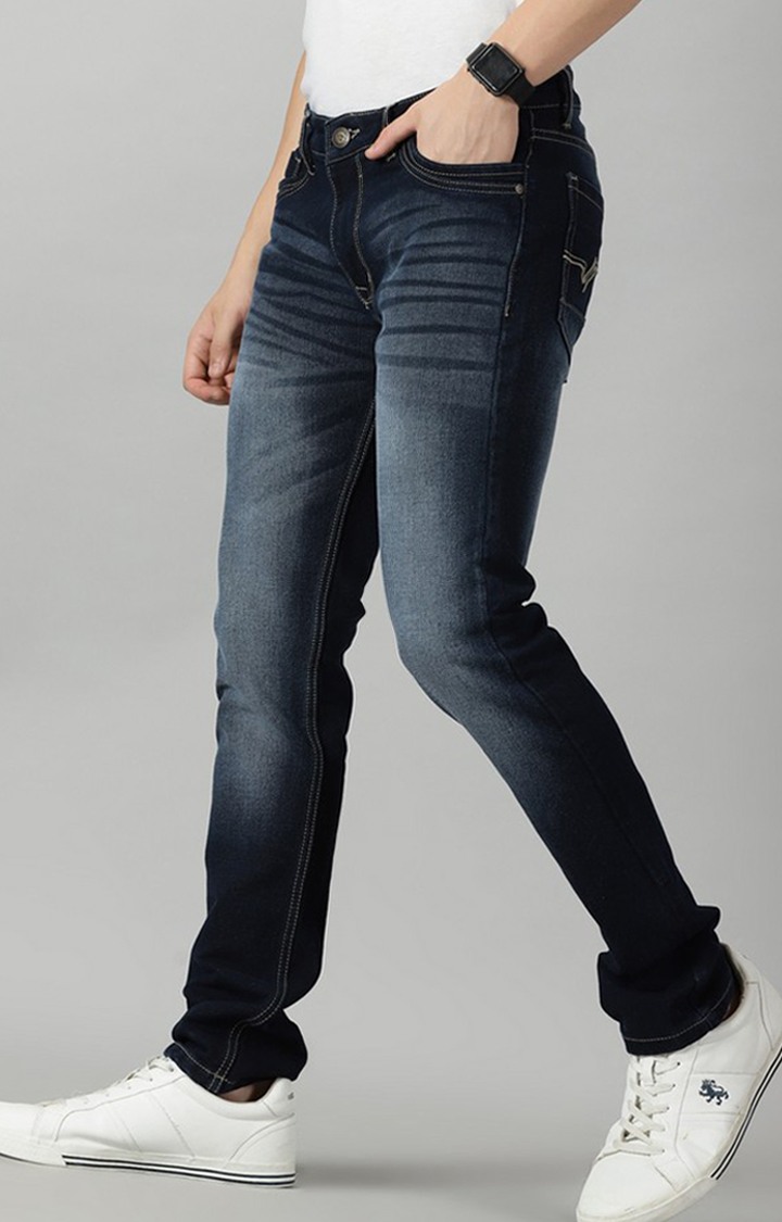 Men's Navy Blue Cotton Slim Jeans