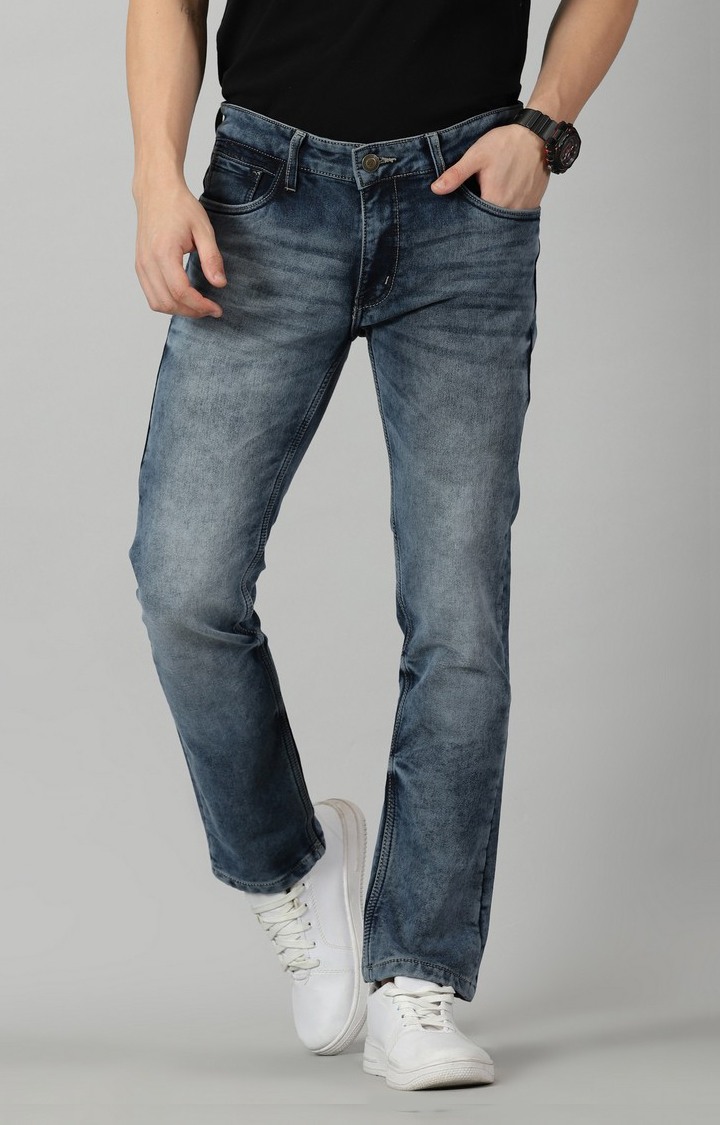 Men's Navy Blue Cotton Straight Jeans