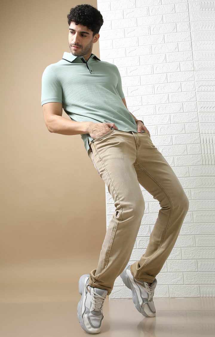 Men's Beige Cotton Straight Jeans