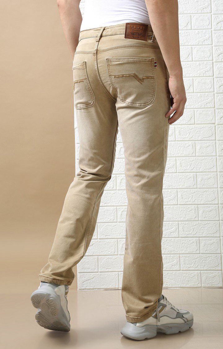 Men's Beige Cotton Straight Jeans