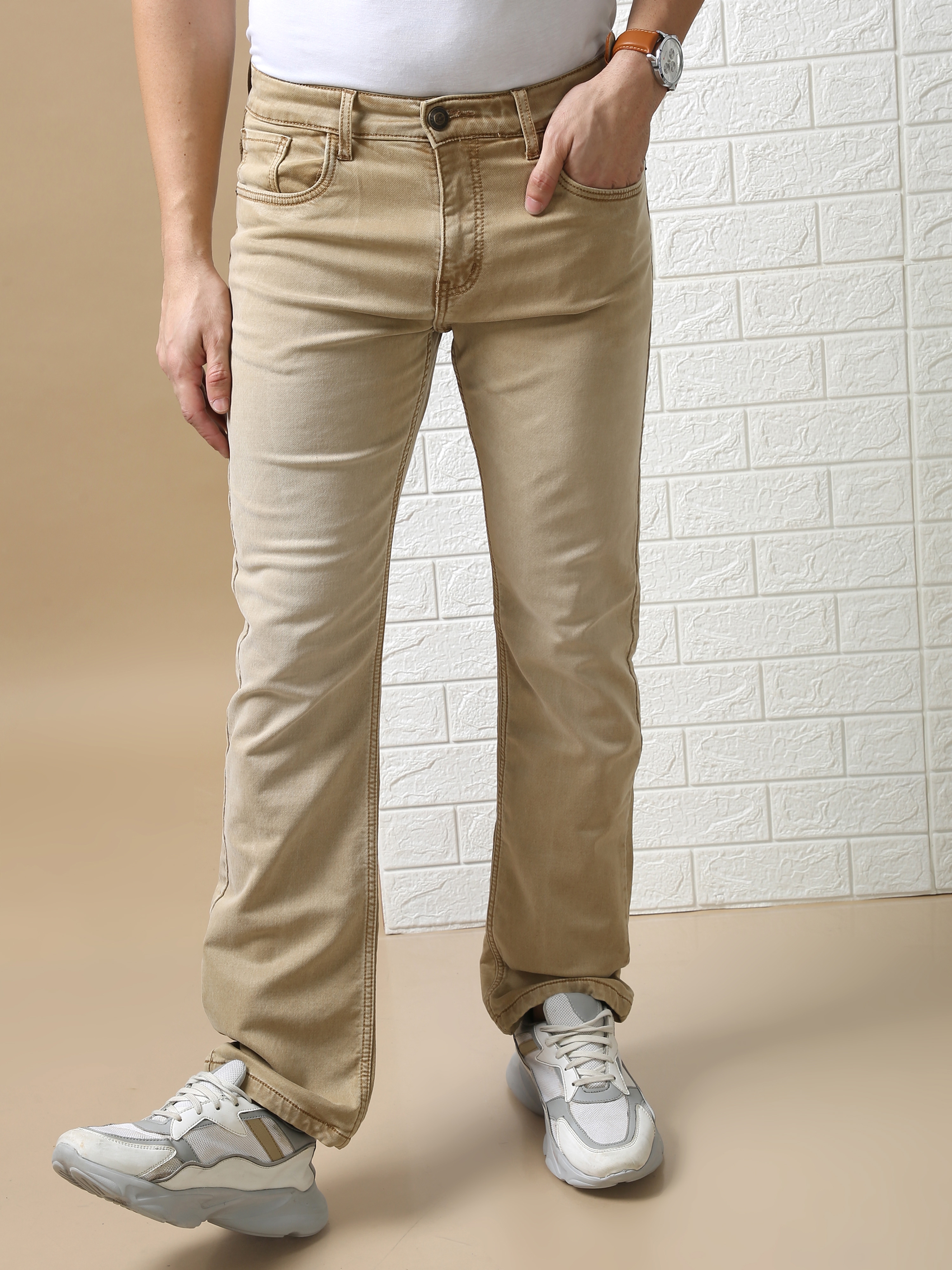 Men's Comfy Beige Straight Jeans