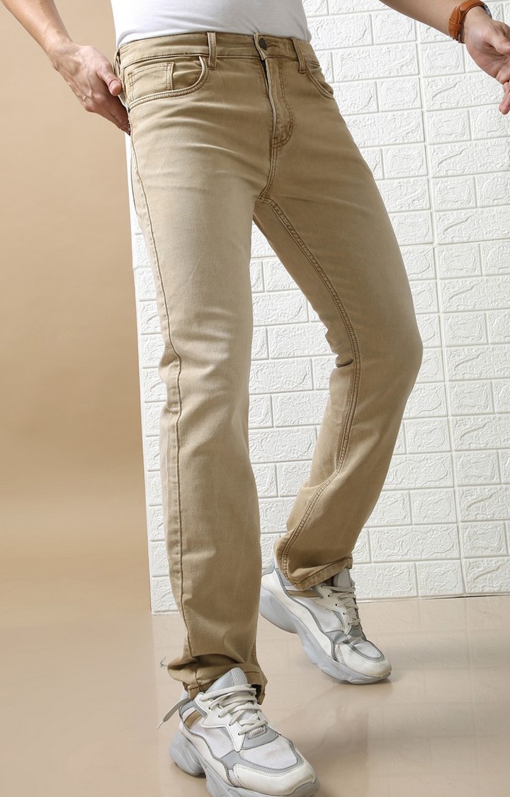 Men's Beige Cotton Straight Jeans