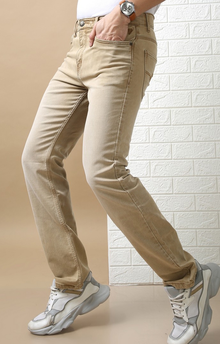 Men's Beige Cotton Straight Jeans