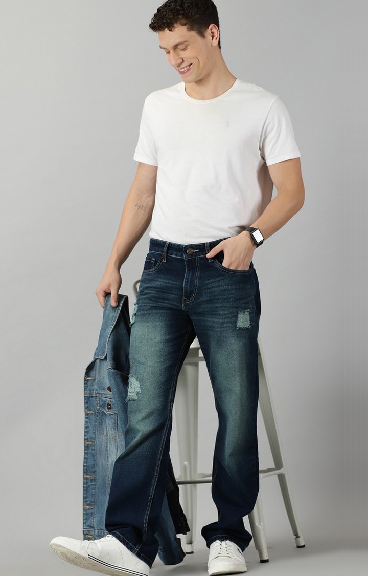 Men's Navy Blue Cotton Ripped Jeans