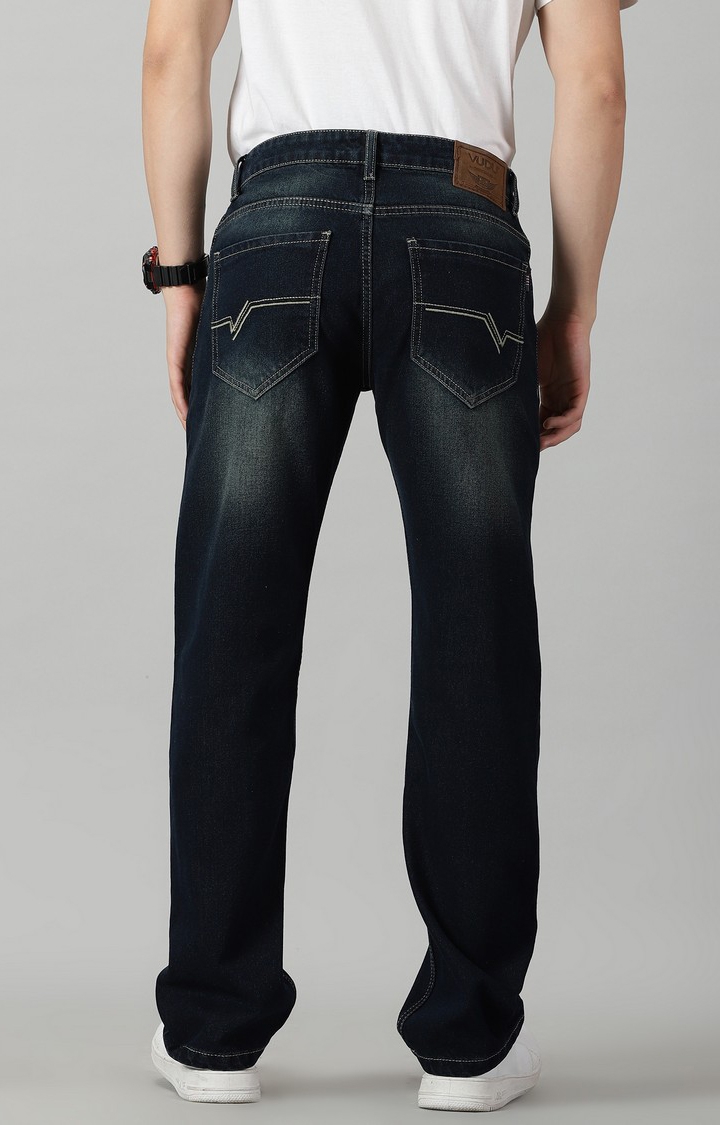 Men's Navy Blue Cotton Straight Jeans