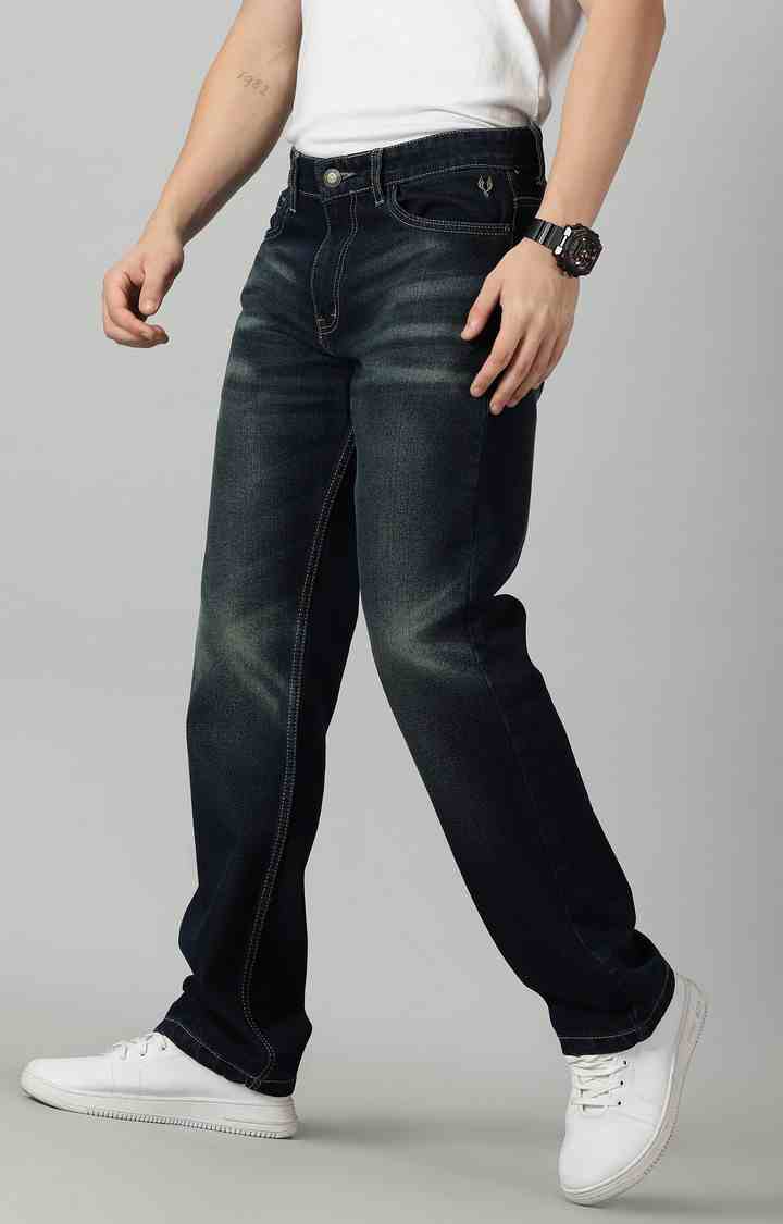 Men's Navy Blue Cotton Straight Jeans