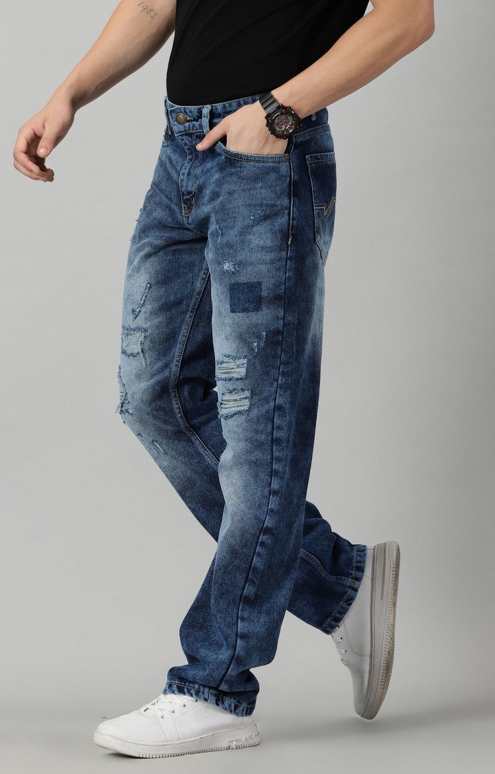 Men's Navy Blue Cotton Ripped Jeans