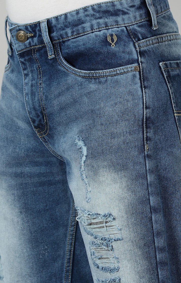 Men's Blue Cotton Ripped Jeans