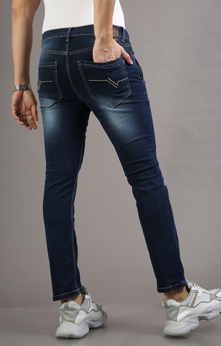 Men's Navy Blue Cotton Ripped Jeans
