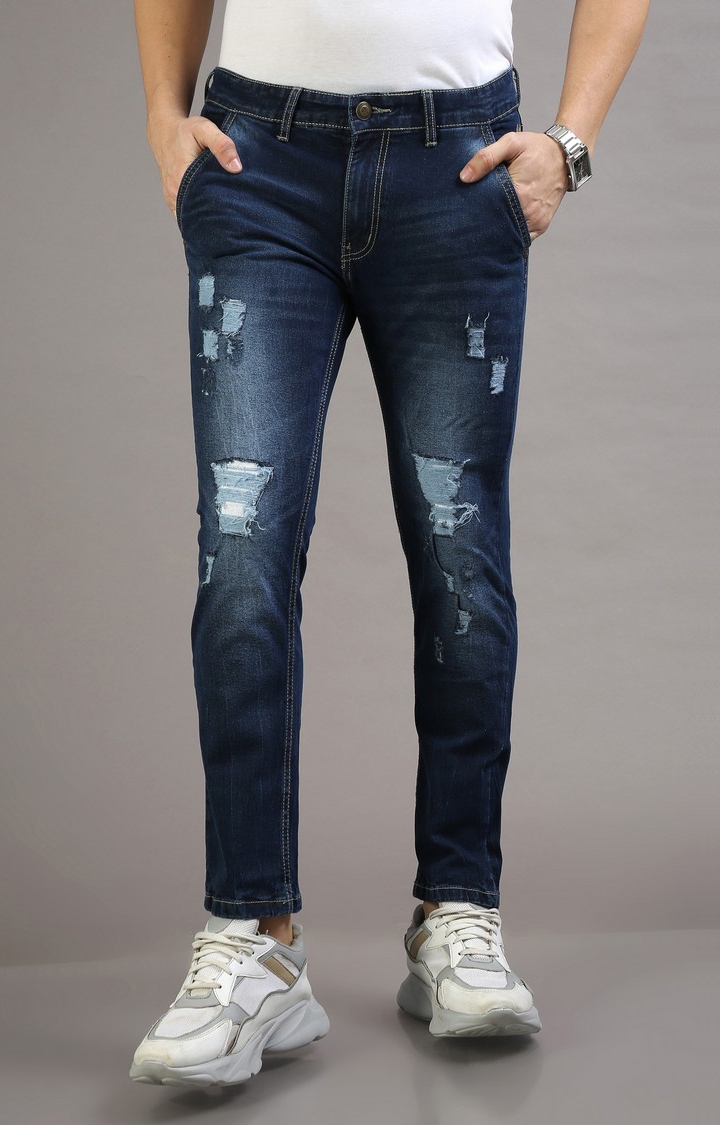 VUDU | Men's Navy Blue Cotton Ripped Jeans