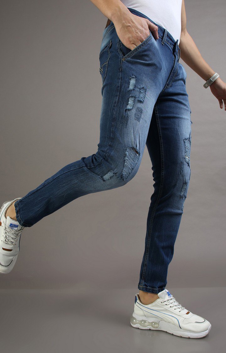 Men's Navy Blue Cotton Ripped Jeans