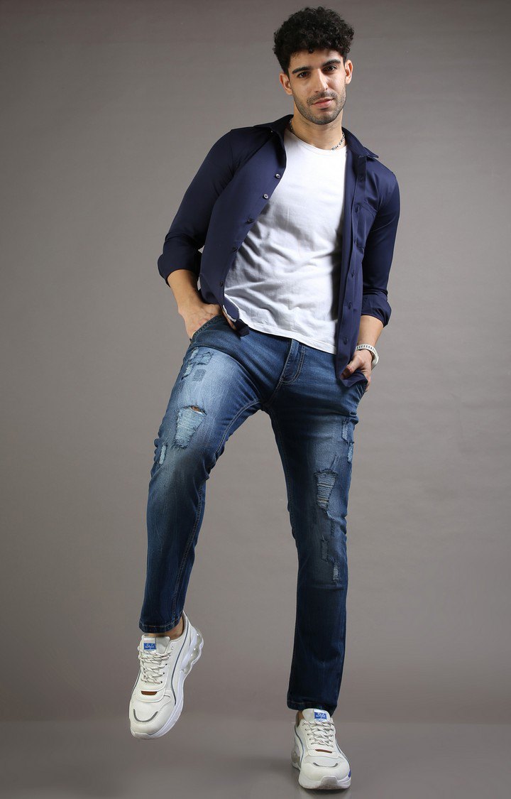 Men's Navy Blue Cotton Ripped Jeans