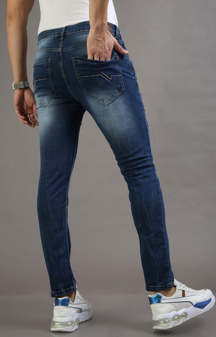 Men's Navy Blue Cotton Ripped Jeans