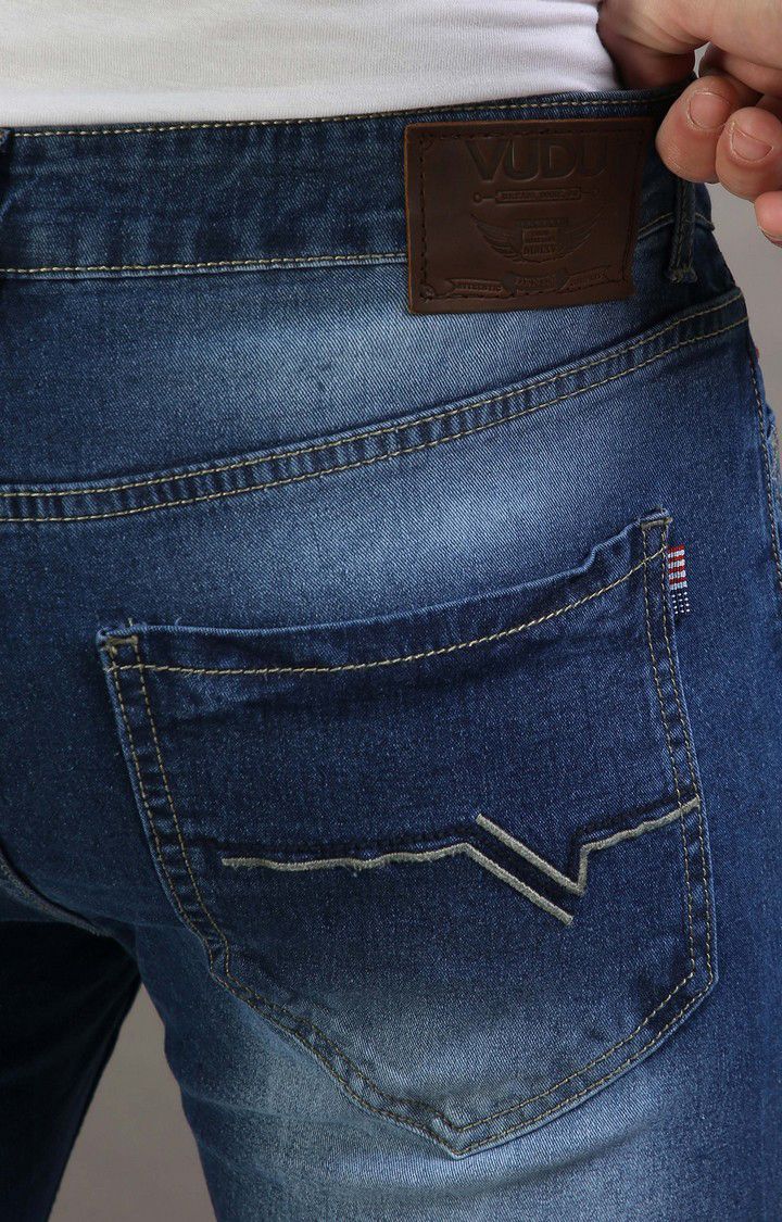 Men's Navy Blue Cotton Ripped Jeans