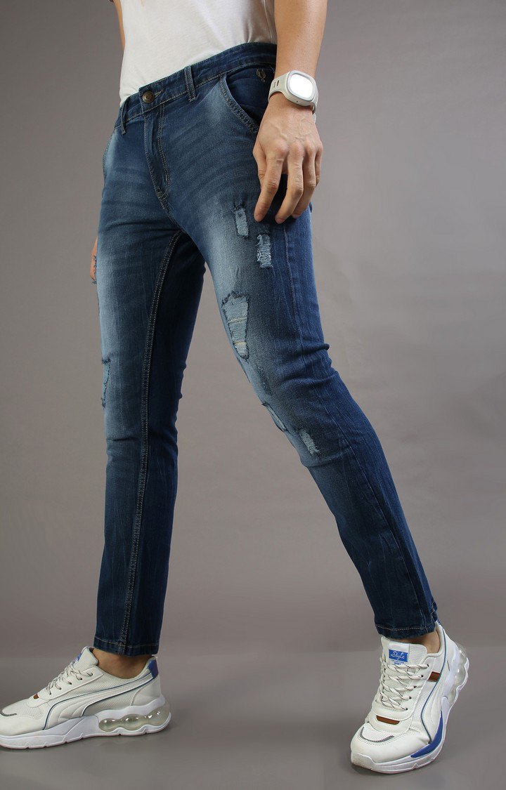 Men's Navy Blue Cotton Ripped Jeans