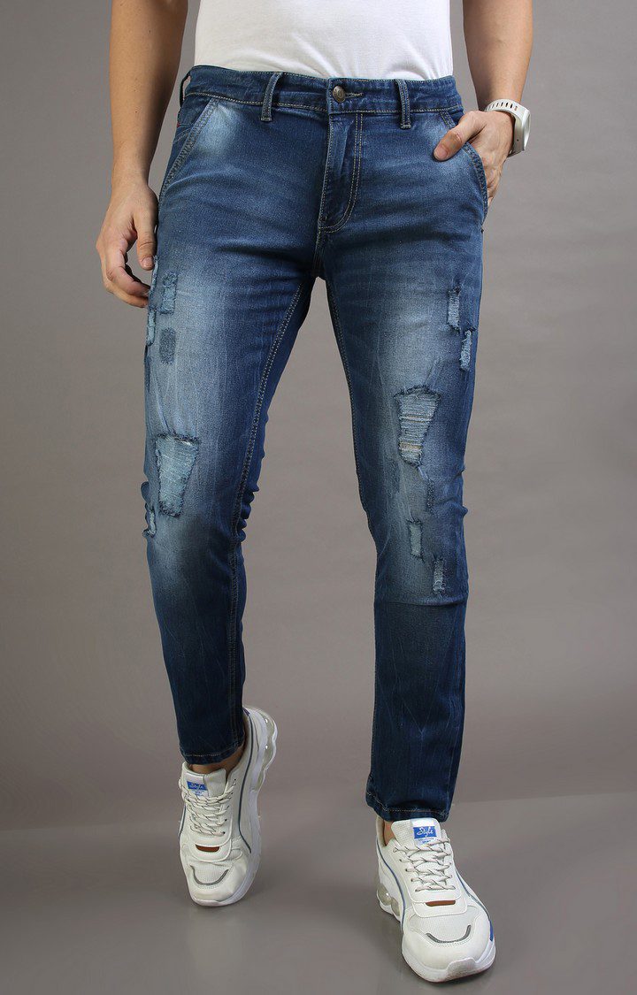 Men's Navy Blue Cotton Ripped Jeans