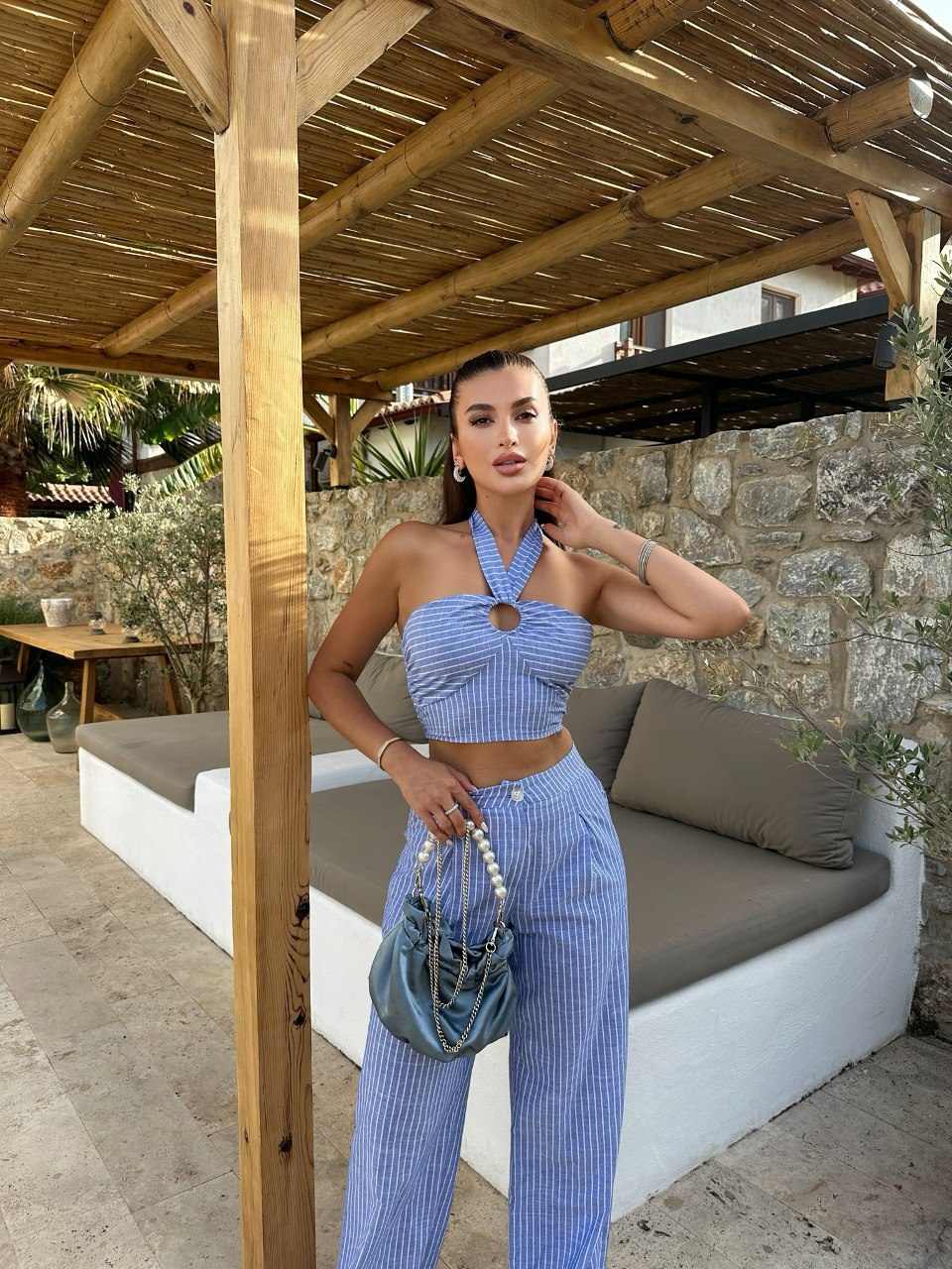 Blue halter neck crop top and pants striped co ord set