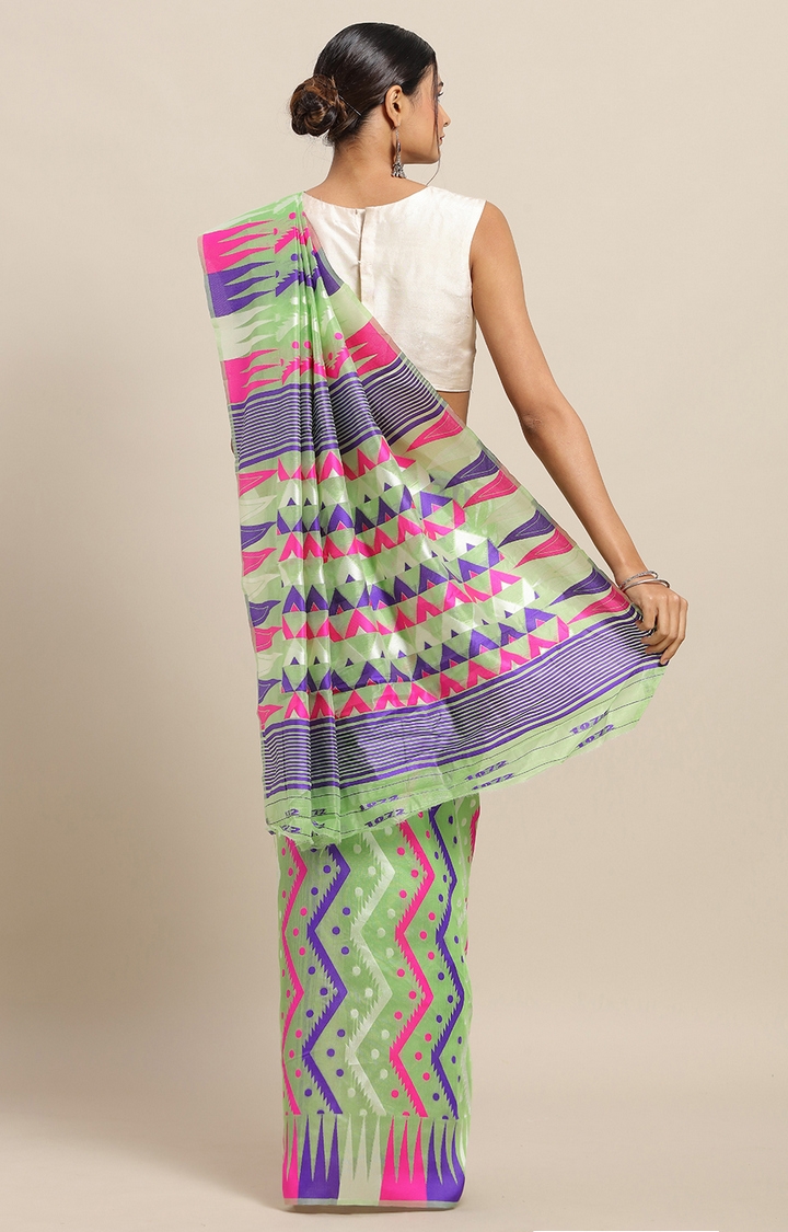 Vastranand | VASTRANAND Pista Coloured Trendy Dhakai Jamdani Cotton Silk Saree 1
