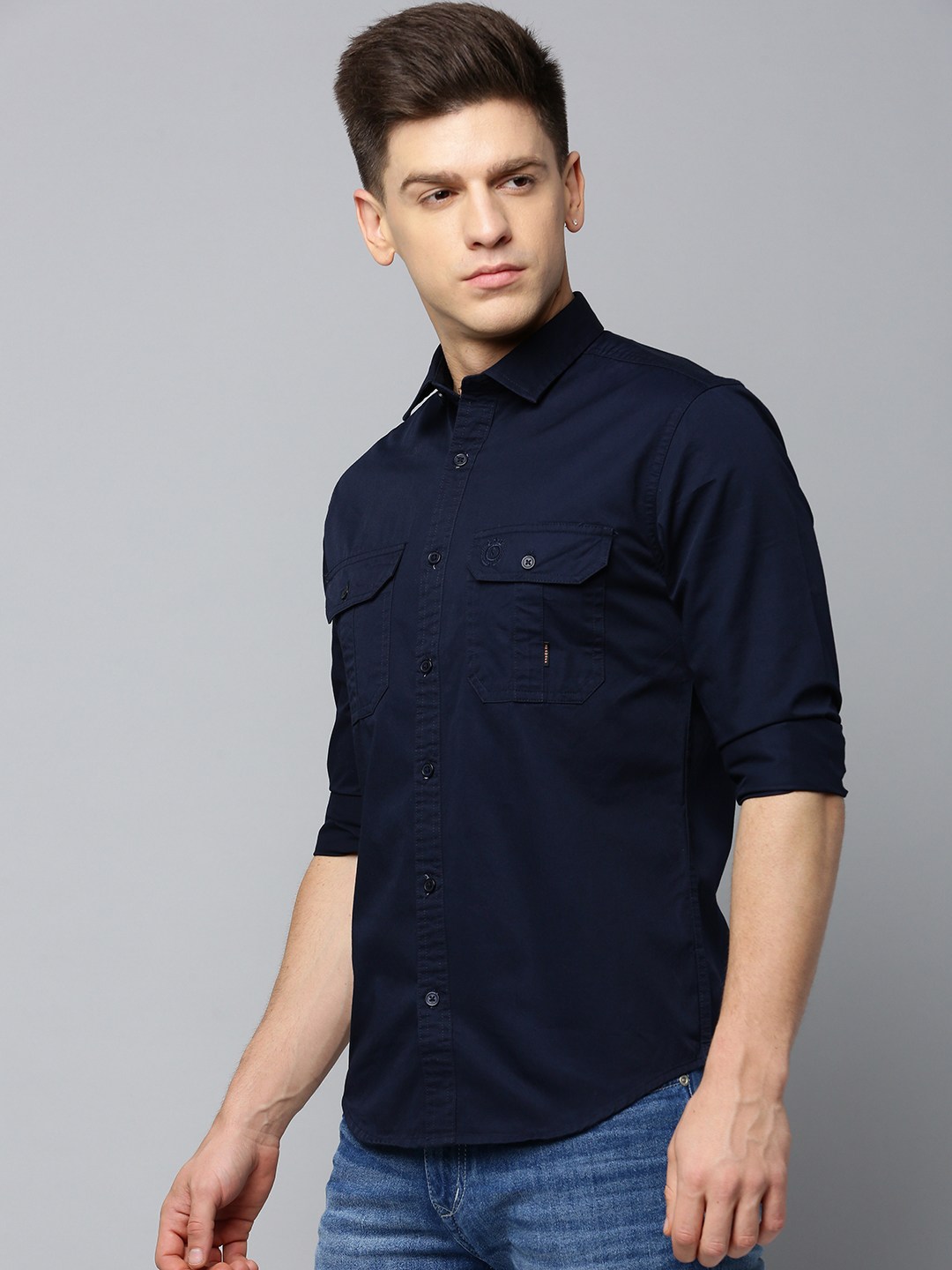 SHOWOFF Men's Spread Collar Solid Navy Blue Regular Fit Shirt