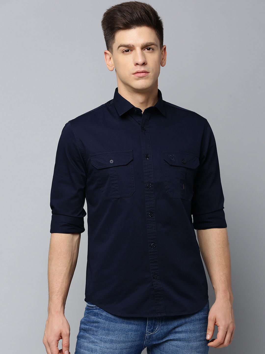 SHOWOFF Men's Spread Collar Solid Navy Blue Regular Fit Shirt