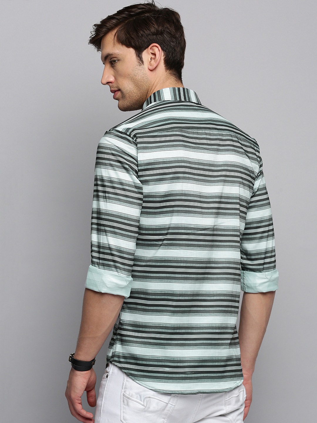 SHOWOFF Men's Spread Collar Striped Olive Classic Shirt