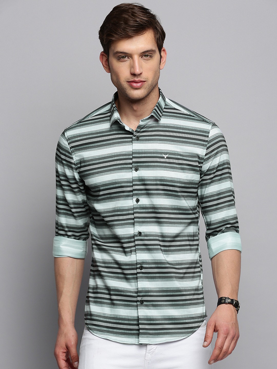 SHOWOFF Men's Spread Collar Striped Olive Classic Shirt