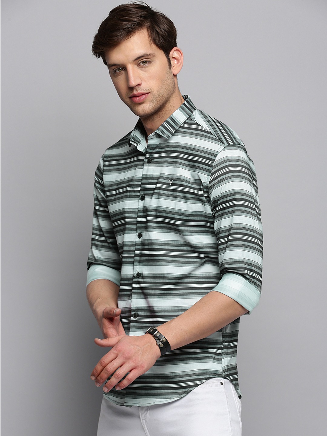 SHOWOFF Men's Spread Collar Striped Olive Classic Shirt