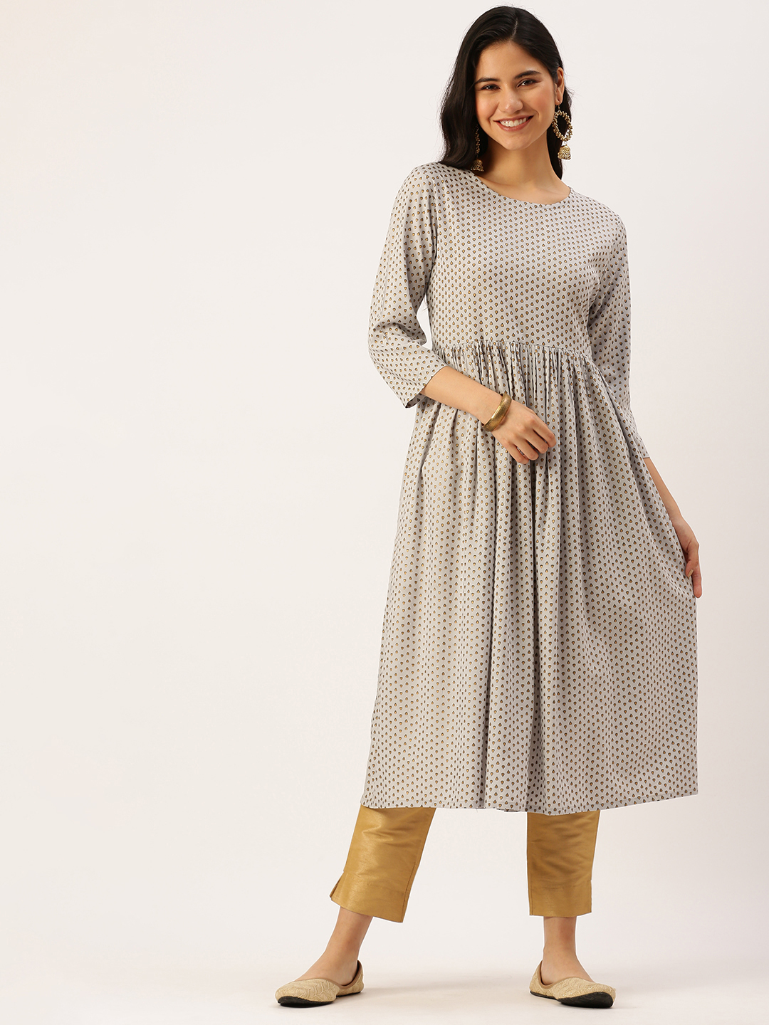 SHOWOFF Women Grey Abstract Round Neck Three-Quarter Sleeves Mid Length A-Line Kurta