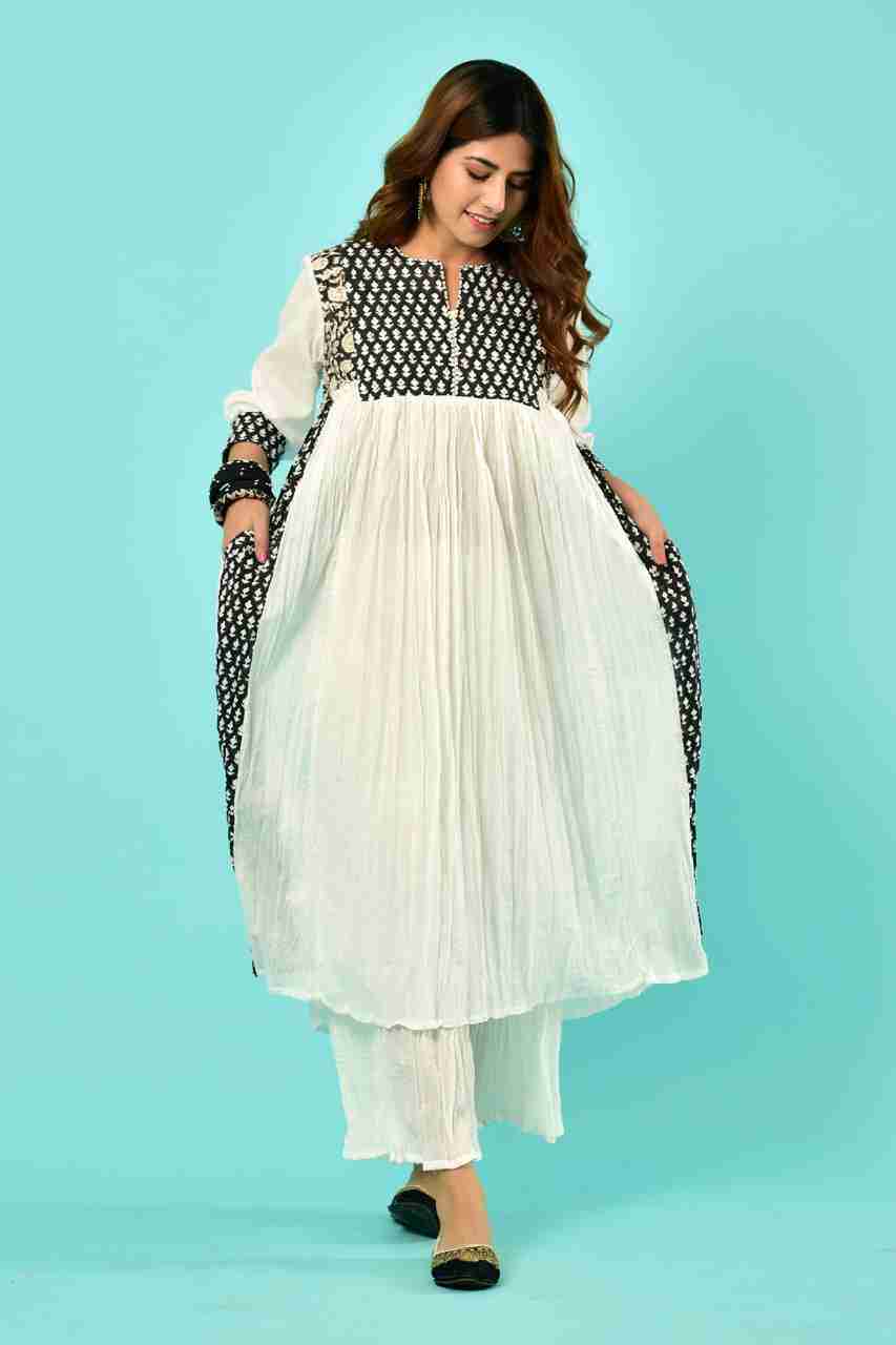 Naksh White and Black Gathered Kurta with Sharara (Set of 2)