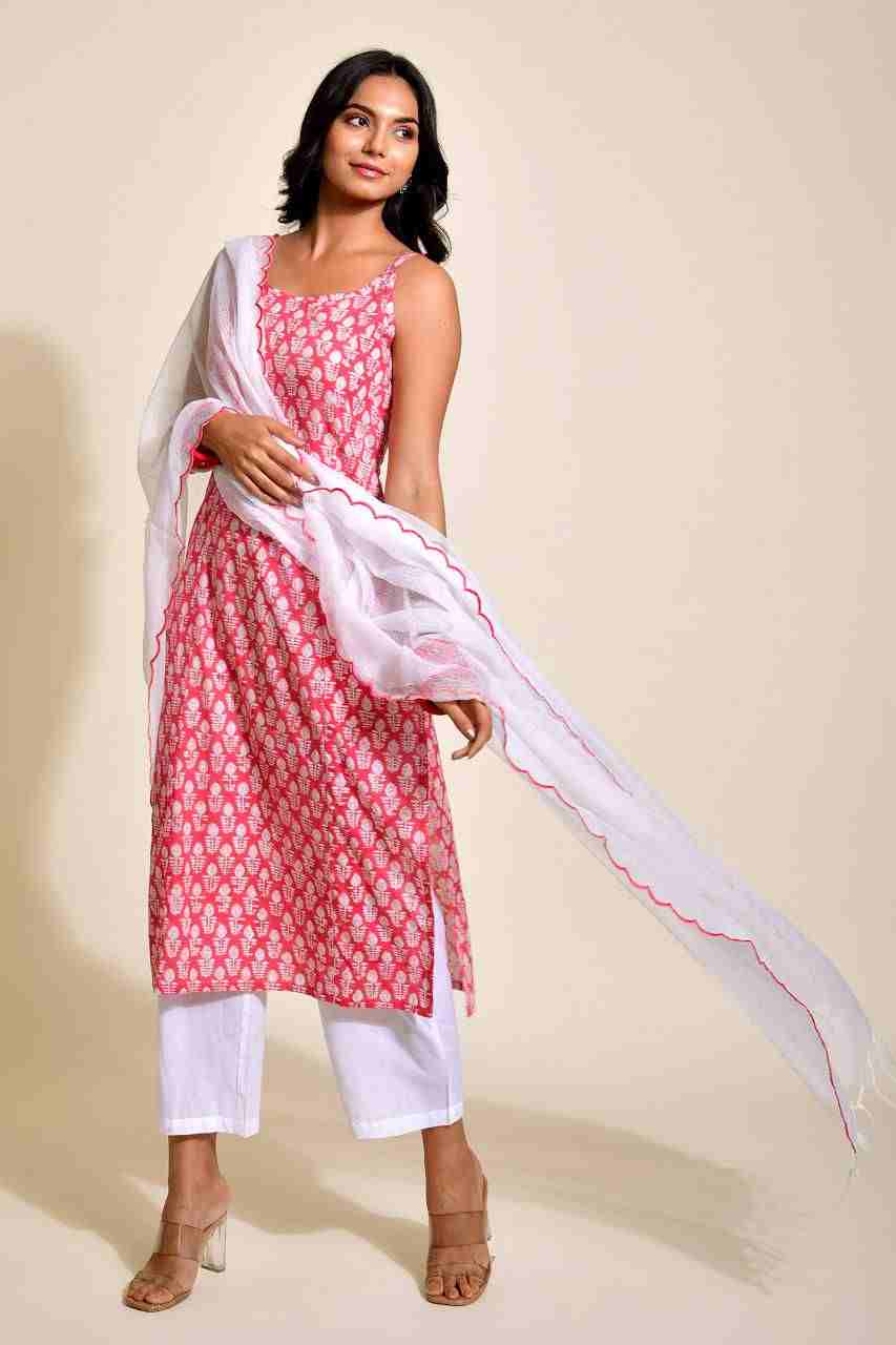 Naksh Red and White Singlet Kurta With Scalloped Kota Dupatta (Set of 2)