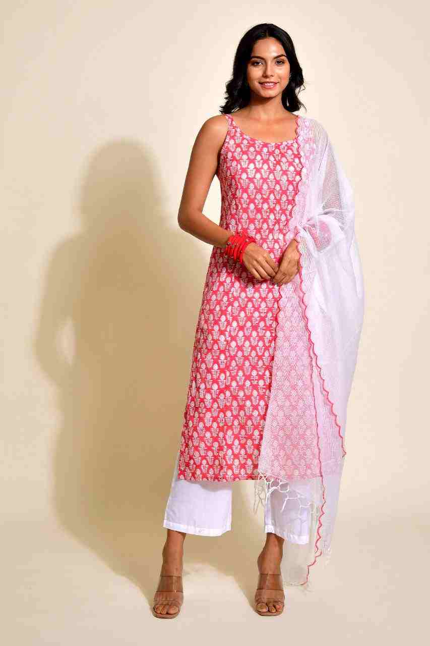 Naksh Red and White Singlet Kurta With Scalloped Kota Dupatta (Set of 2)