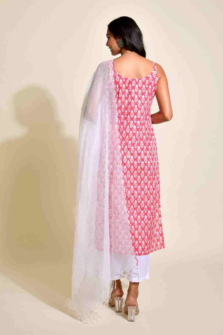 Naksh Red and White Singlet Kurta With Scalloped Kota Dupatta (Set of 2)