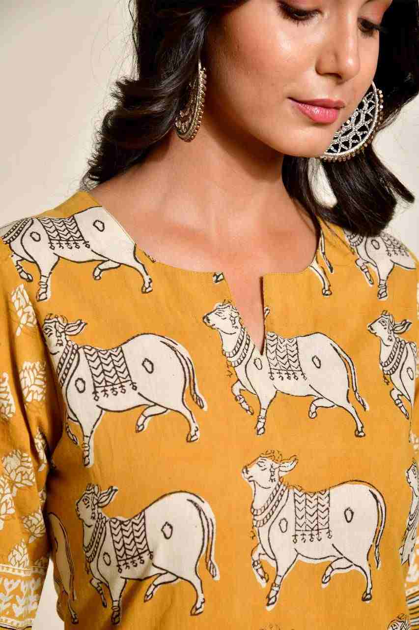 Naksh Ochre Yellow Bagru Print Kurta with striped Pants (Set of 2)