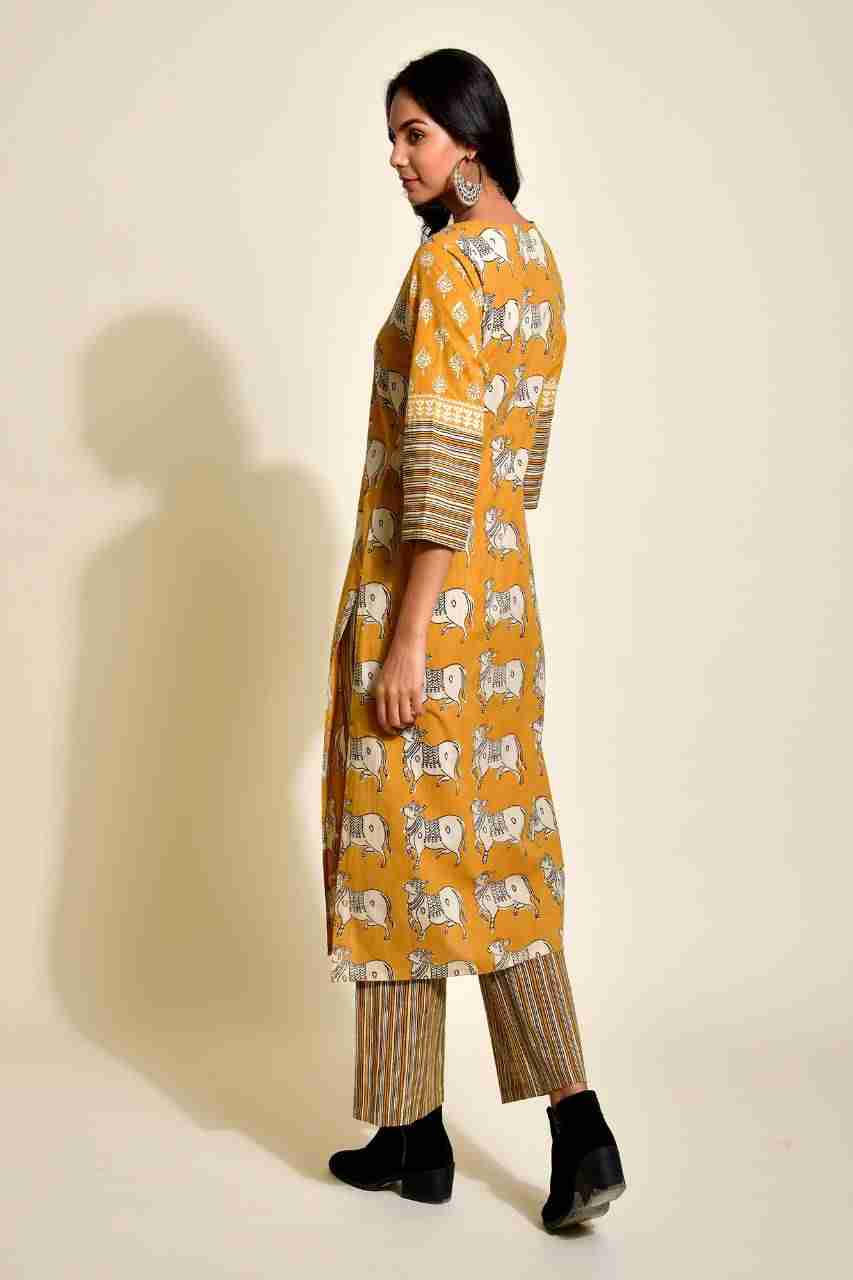 Naksh Ochre Yellow Bagru Print Kurta with striped Pants (Set of 2)