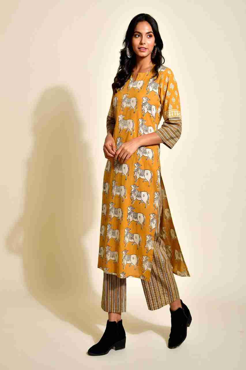Naksh Ochre Yellow Bagru Print Kurta with striped Pants (Set of 2)