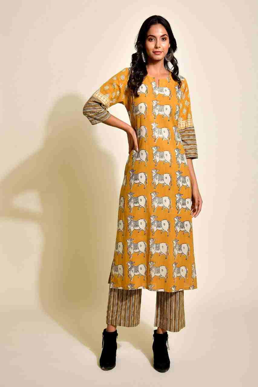 Naksh Ochre Yellow Bagru Print Kurta with striped Pants (Set of 2)