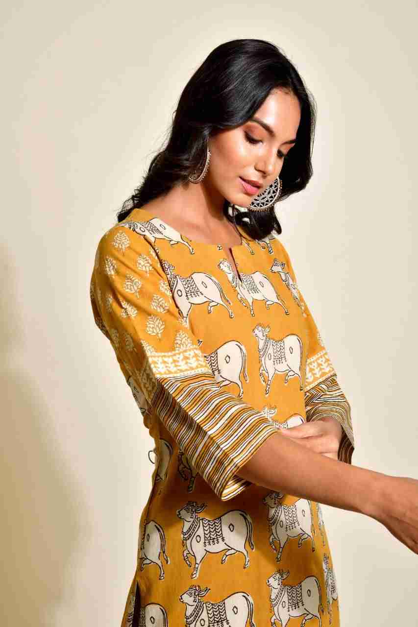 Naksh Ochre Yellow Bagru Print Kurta with striped Pants (Set of 2)
