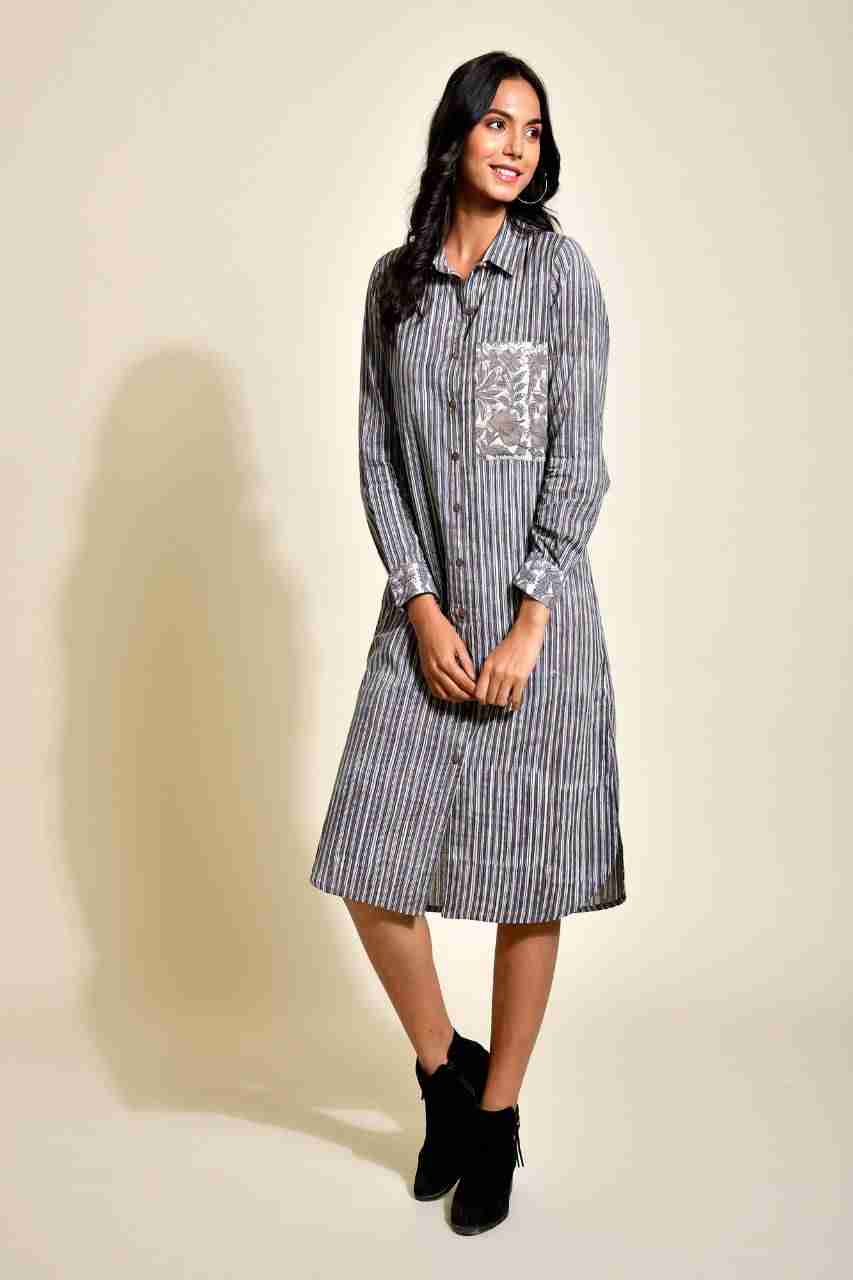 Naksh Grey Bagru Striped Colared Kurta/Shirt