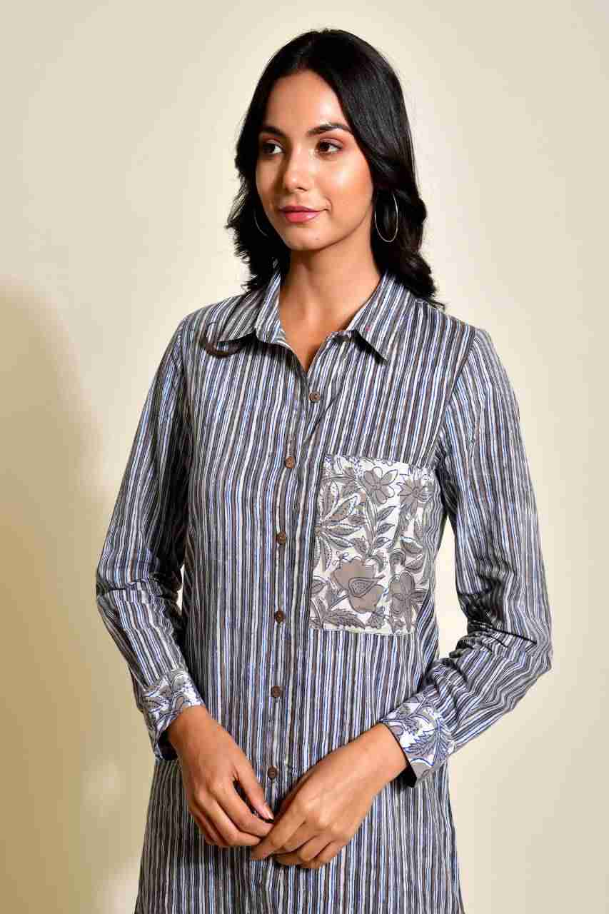 Naksh Grey Bagru Striped Colared Kurta/Shirt