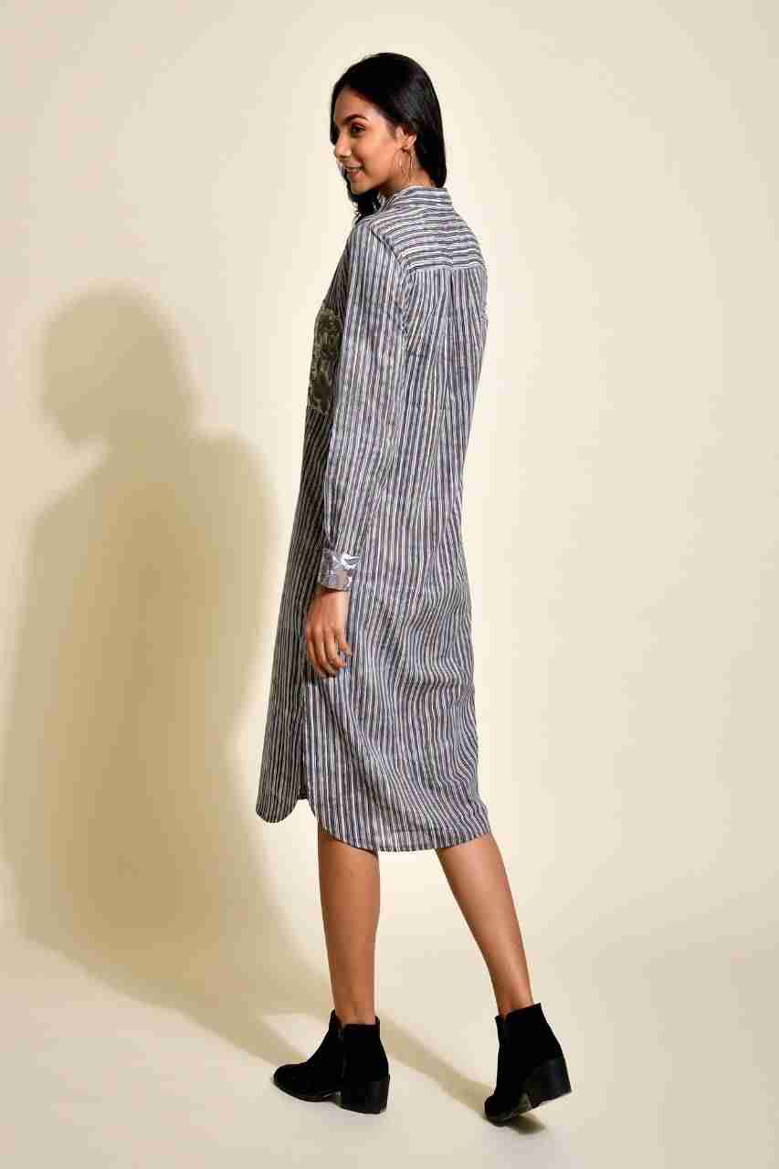 Naksh Grey Bagru Striped Colared Kurta/Shirt