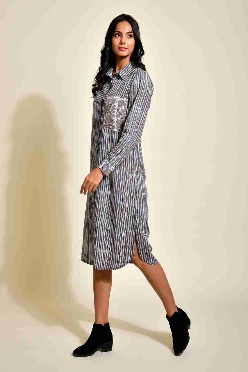 Naksh Grey Bagru Striped Colared Kurta/Shirt