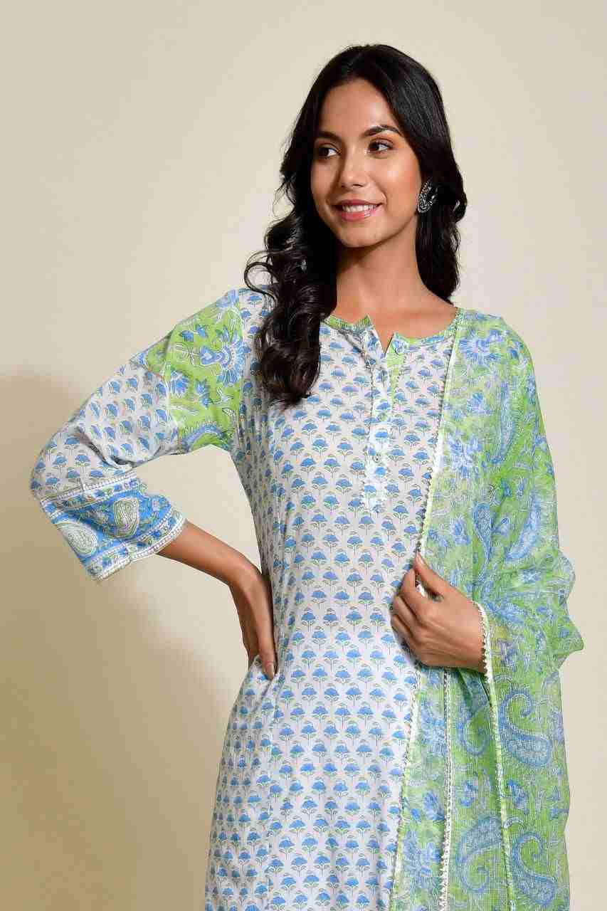 Naksh Blue Green Buti Print Kurta and Dupatta (Set of 2)