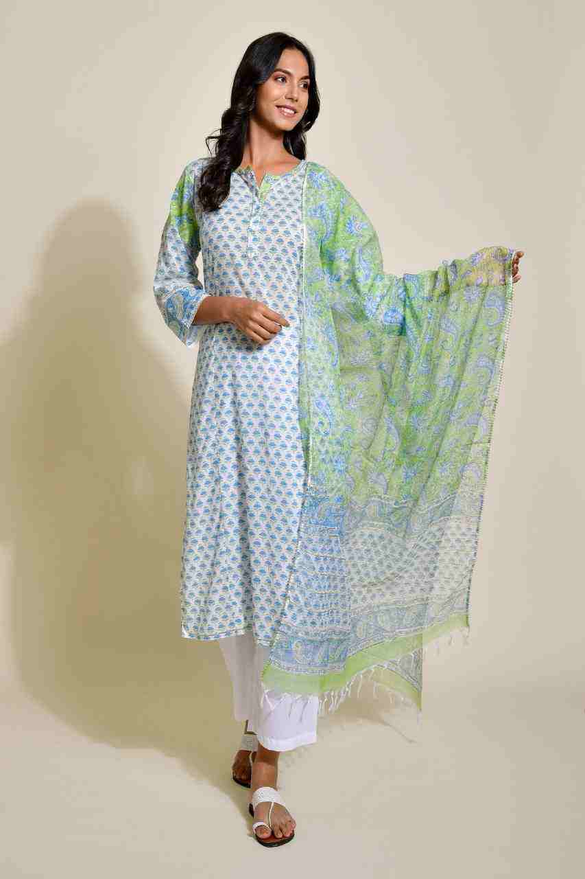 Naksh Blue Green Buti Print Kurta and Dupatta (Set of 2)